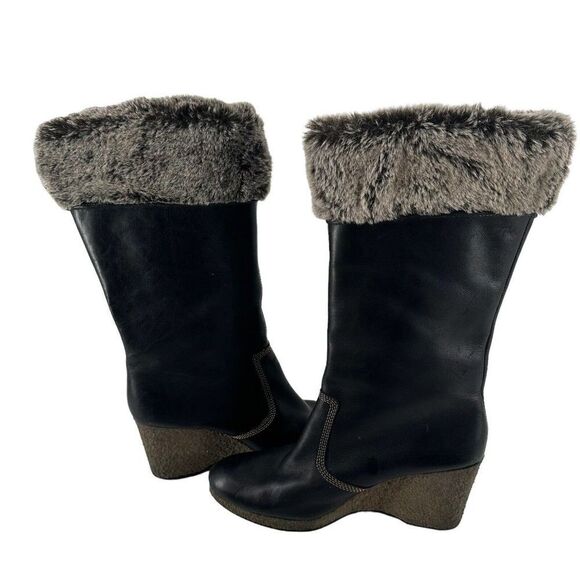 Timberland Monogram Tall Boots Faux Fur Lined Black Leather Size 9 Wedge Heel - Picture 9 of 13